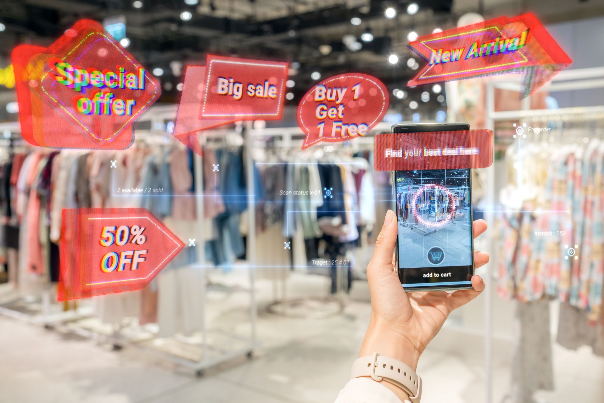 Woman Using 3D Augmented Reality Digital Interface in Modern Shopping Center